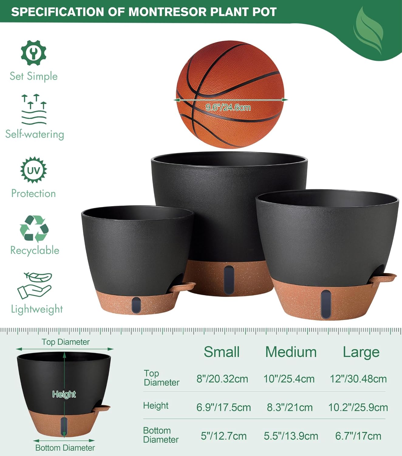 12/10/8 Inch Self Watering Pots for Indoor Plants Plastic Large Plant Pot for Outdoor Plants, Water Level Window & Spacious Reservoir Flower Pots Decorative Planter with Drainage and Tray (Black)