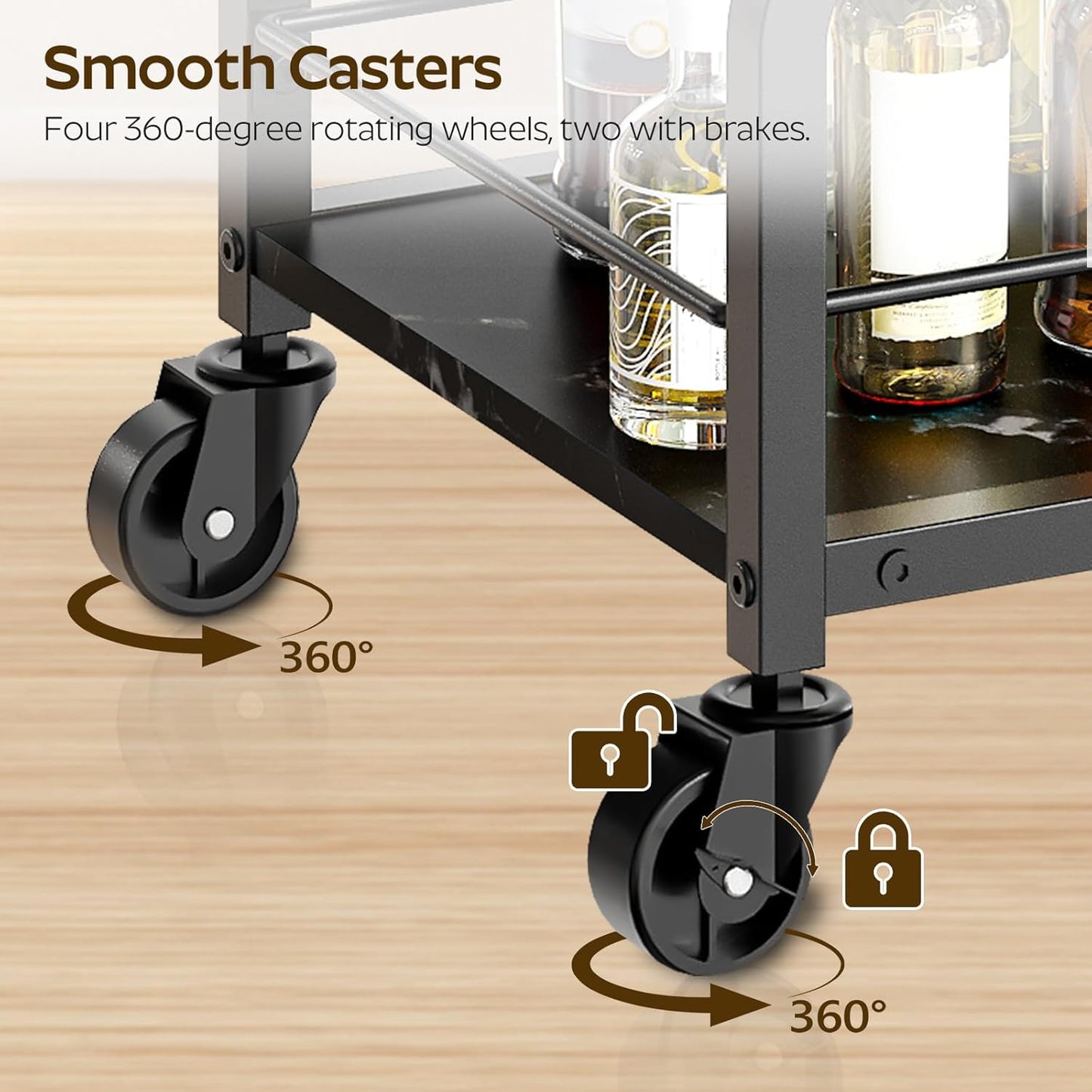 Bar Cart, Bar Cart for The Home, Small Bar Cart on Wheels, Beverage Cart, Home Bar Serving Cart with Glass Holder, Drink Cart for Bar, Kitchen, Dining, Marble Black and Black BC03BM