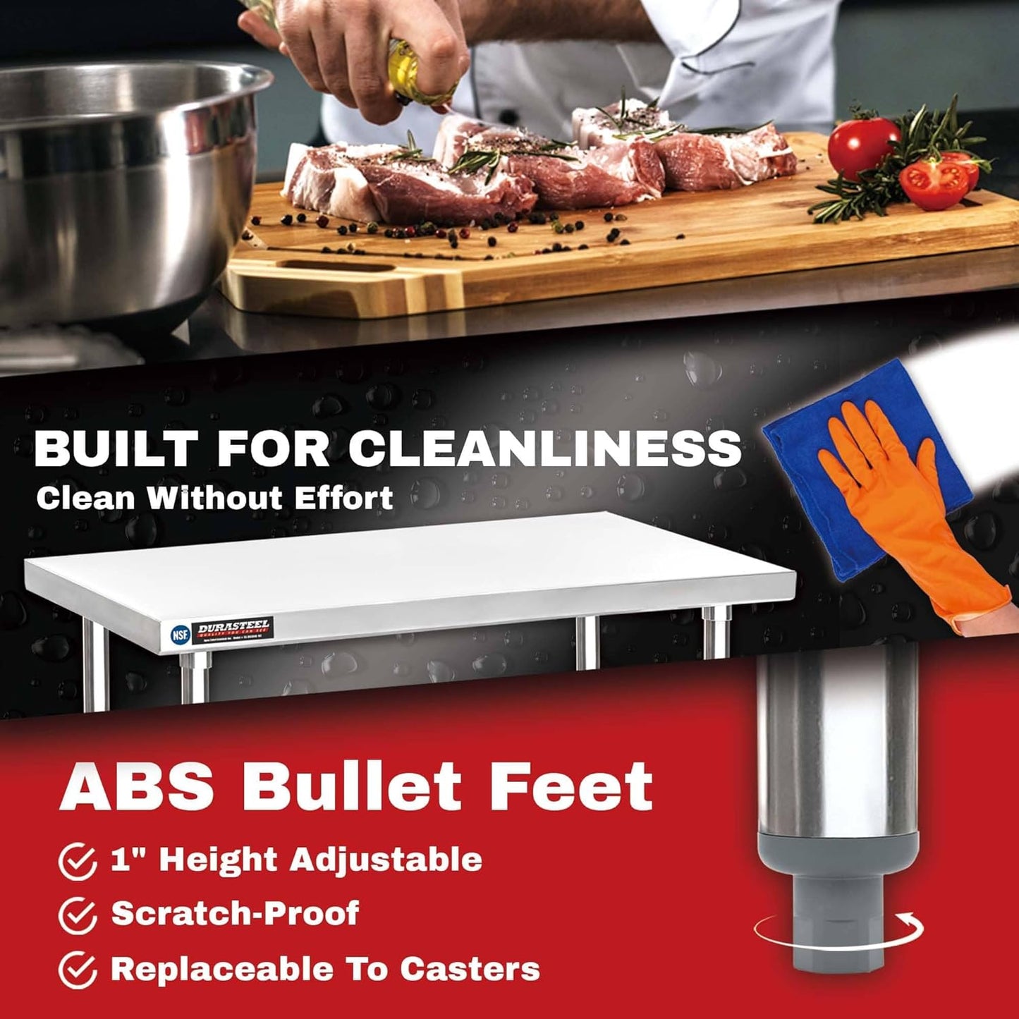 DuraSteel Stainless Steel Work Table 30" x 24" x 34" Height w/ 4 Caster Wheels - Food Prep Commercial Grade Worktable - NSF Certified - Good for Restaurant, Business, Warehouse, Home, Kitchen, Garage
