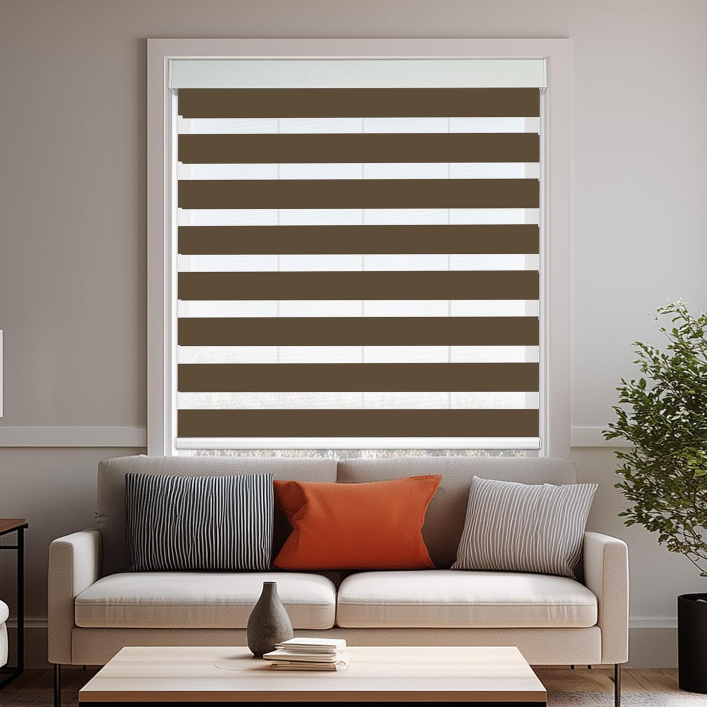 HESTIA Cordless Zebra Blinds Light Filtering Roller Shades UV Blocking Blackout Privacy Indoor Window Shades for Home Office Day and Night, Brown,24" W x 48" H