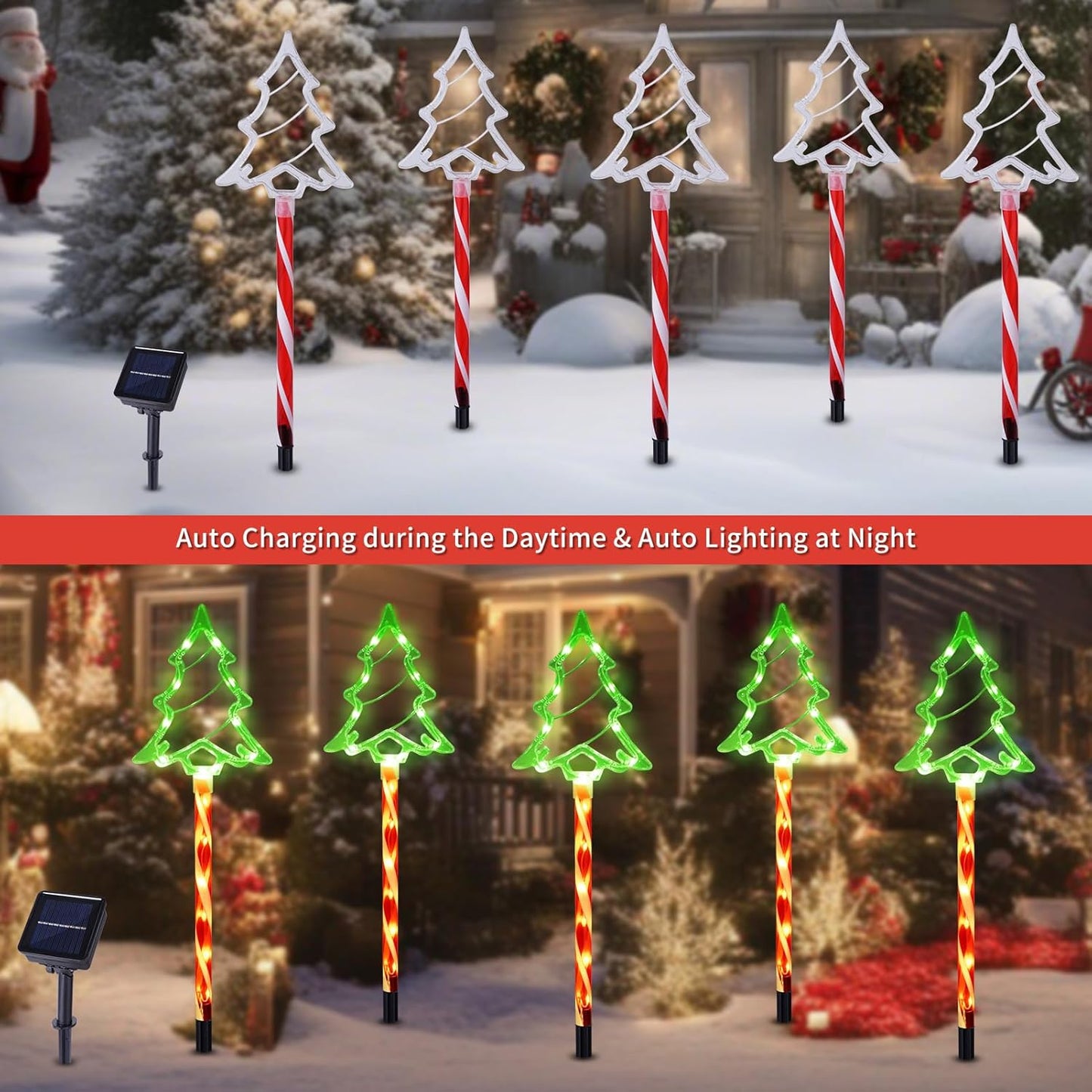 Christmas Solar Pathway Lights Outdoor Decorations， 8 Modes Xmas Tree Candy Lights Waterproof Led Garden Stake Light for Walkway Yard Lawn Porch Holiday Decor 10-Pack (Red Tube Tree, 10 Pack)