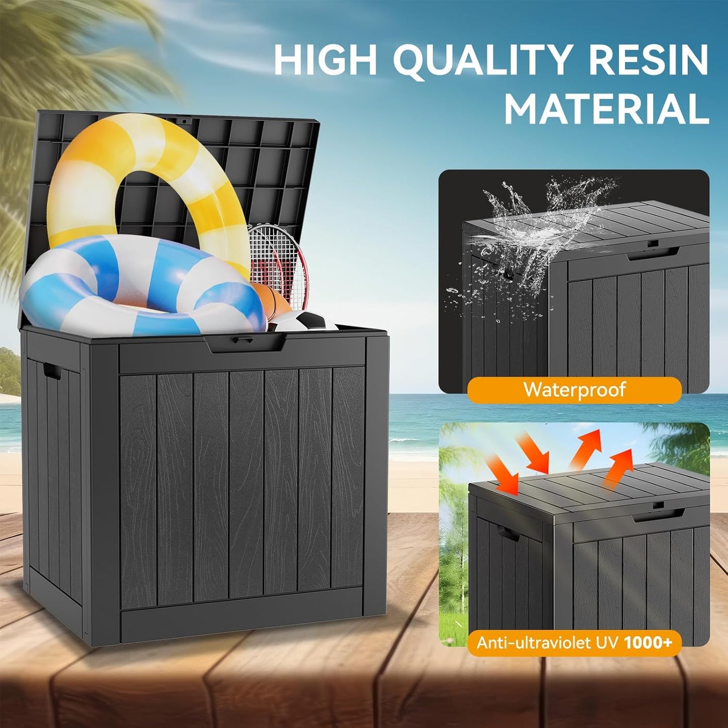 33 Gallon Outdoor Storage Box, Waterproof Resin Deck Box for Indoor & Outdoor Use – Lockable Patio Storage Bin for Garden Tools, Package Deliveries, Pool Accessories, Sports Gear & Furniture-Black
