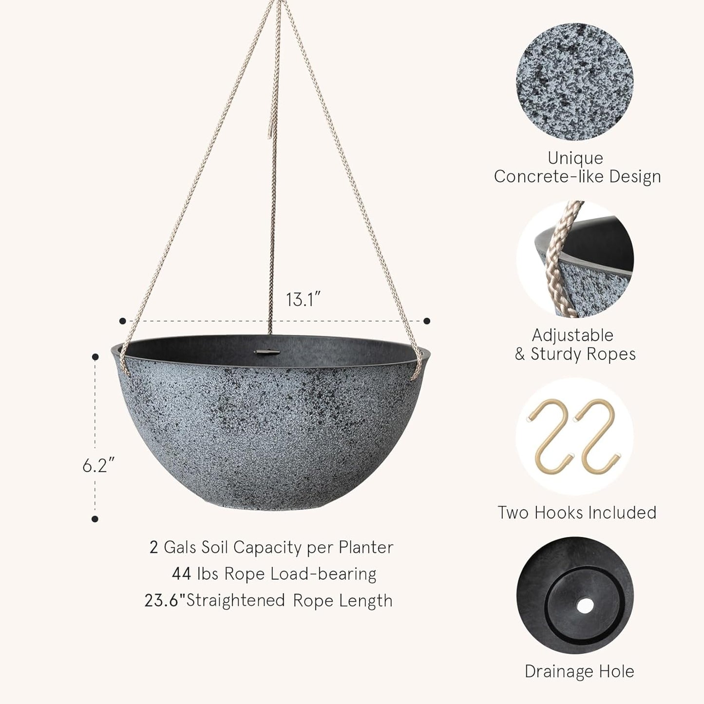 LA JOLIE MUSE Large Hanging Planters for Outdoor Plants - 13 Inch Hanging Flower Pots with Drainage Holes, Set of 2, Rock Grey