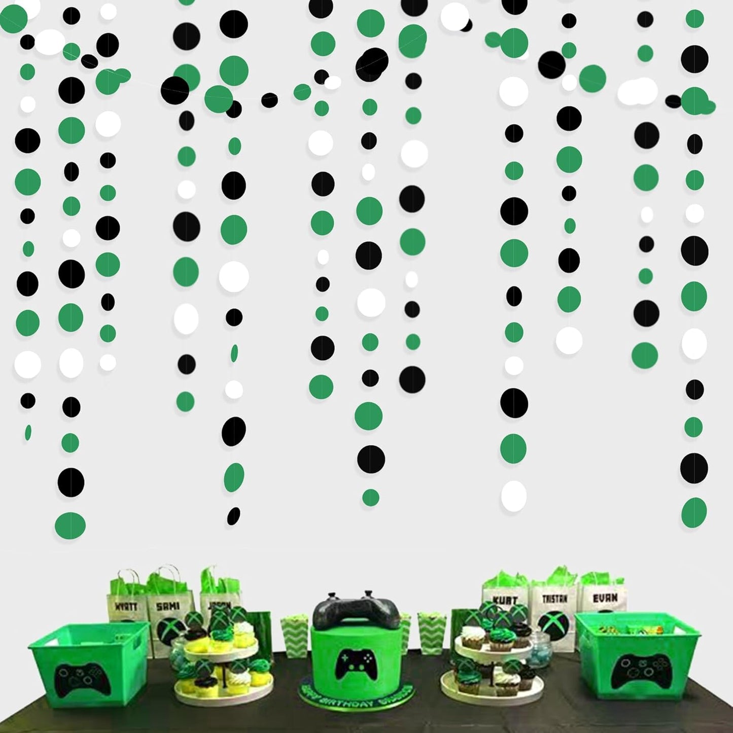 46 Ft Black Green Party Decorations Polka Dots Garlands Green and Black White Hanging Paper Circle Dots Streamer for Birthday Graduation Wedding Baby Shower Soccer Video Game Party Decoration Supplies