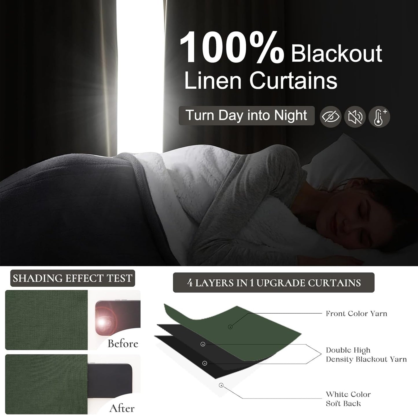 Lush Decor 120 Inch/10ft Long Insulated Back Tab Pinch Pleated Curtains, Linen Olive Green Linen Blackout Window Drapes 2 Panels, Room Darkening Extra Long Tall Curtains for Living Room