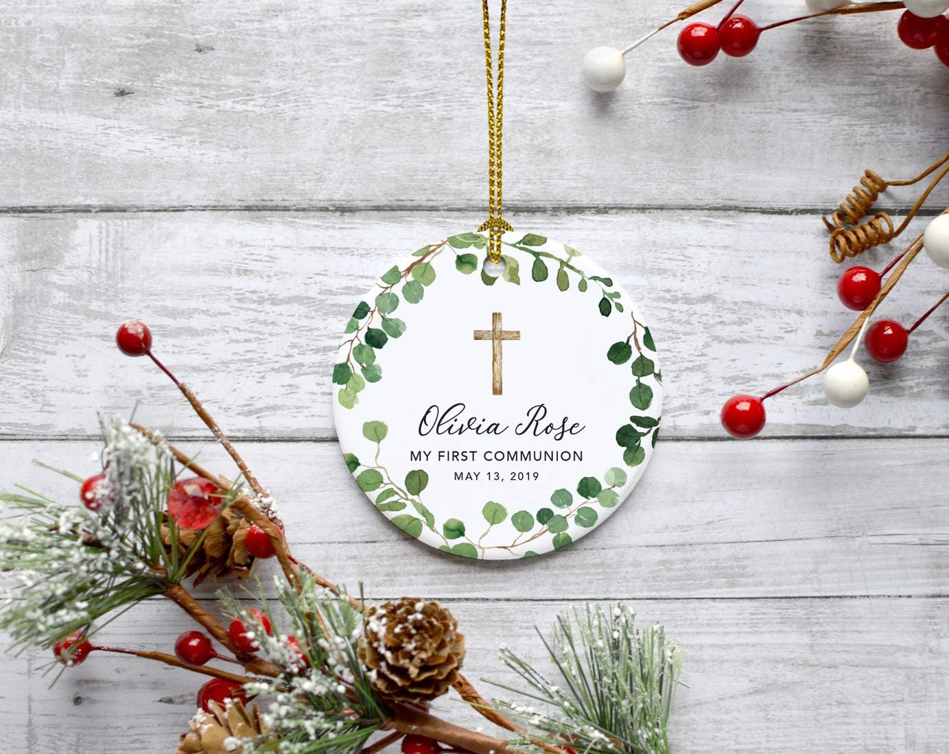 Andaz Press Personalized First Communion Ornament for Girls Boys, Round Ceramic Porcelain First Communion Christmas Ornament, Custom Name Date, My First Communion 2025, Farmhouse Eucalyptus Wreath