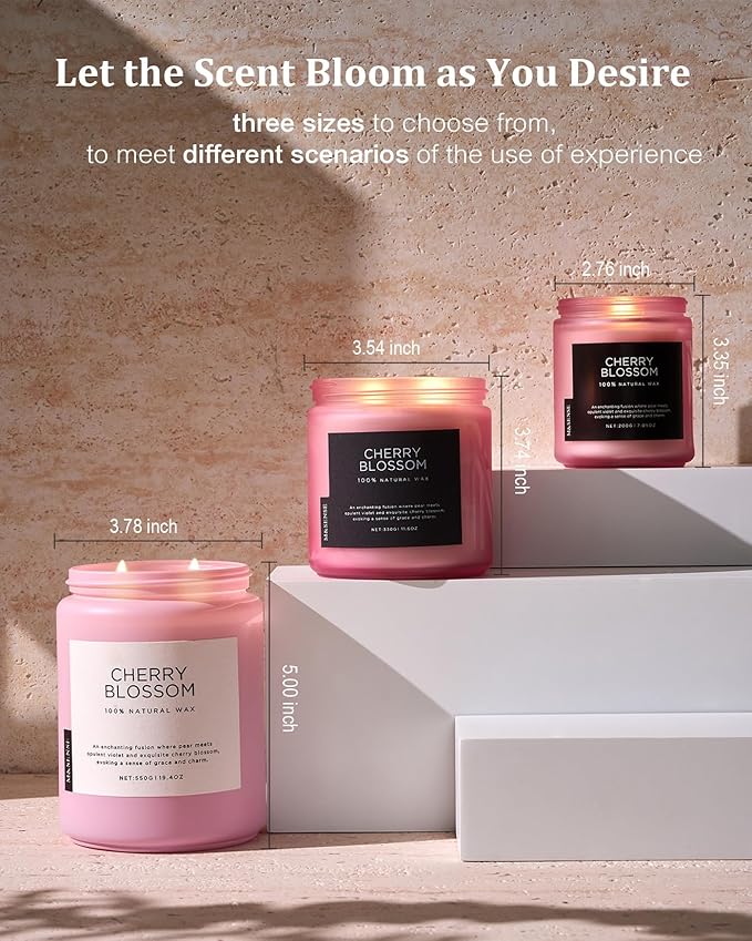 M&SENSE Cherry Blossom Scented Spring Candle, 19.4oz 110 Hours Long Lasting Natural Soy Wax Stress Relief Aromatherapy Romantic Candle for Women & Bedroom Decor