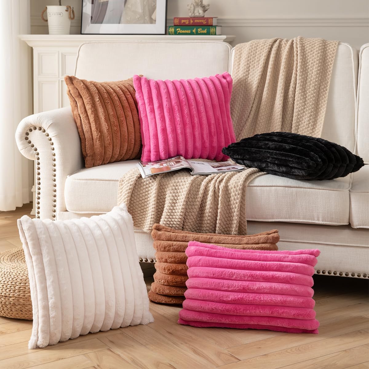 DEELAND Pack of 2,Double-Sided Faux Fur Plush Decorative Throw Pillow Covers Fuzzy Striped Soft Pillowcase Cushion Covers for Sofa Couch Bedroom Brown 24x24 inch