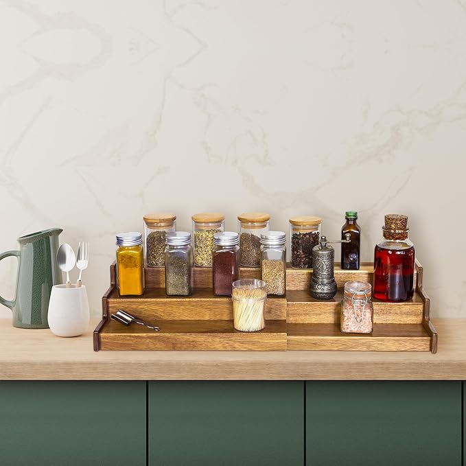 Acacia Wood 3 Tiered Spice Rack, 3 Tier Spice Organizer for Cabinet or Kitchen