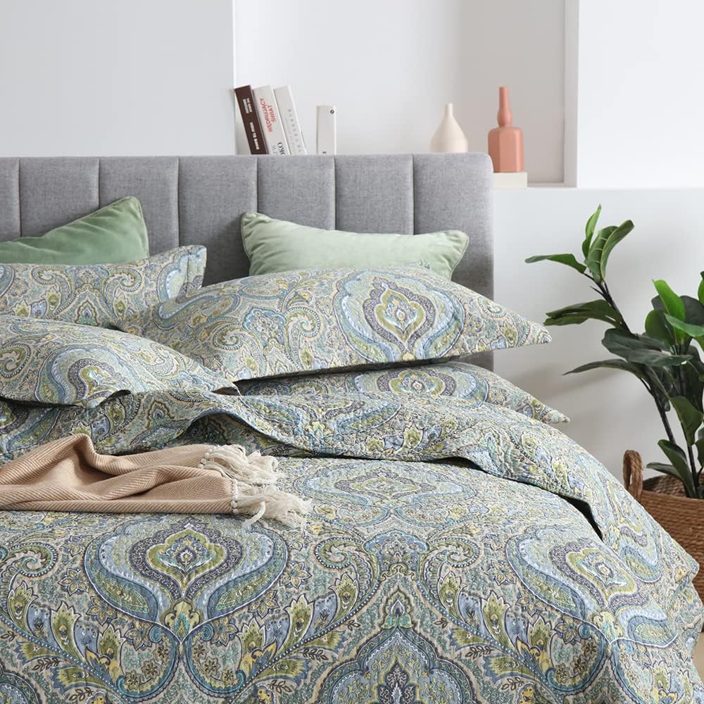 Autumn Dream Cotton Bedspread Quilt Sets, 3 Pieces Reversible Comforter Coverlet Sets,Classical Damask Paisley,Queen Size