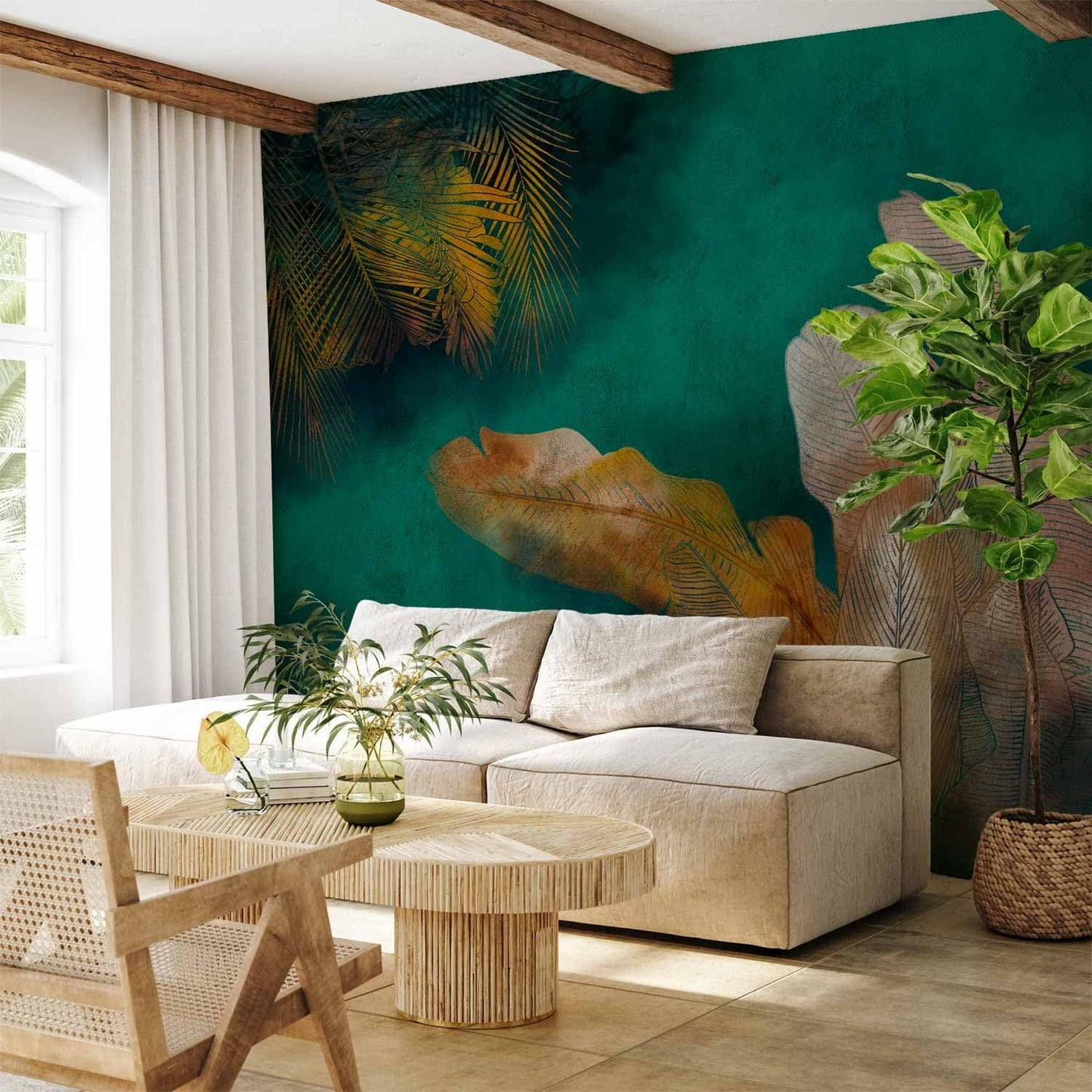 artgeist Wall Mural Jungle 135x101 in - XXL Peel and Stick Self-Adhesive Wallpaper Removable Large Sticker Foil Wall Decor Print Picture Image Design Leaves Green Yellow Nature b-A-0825-a-a