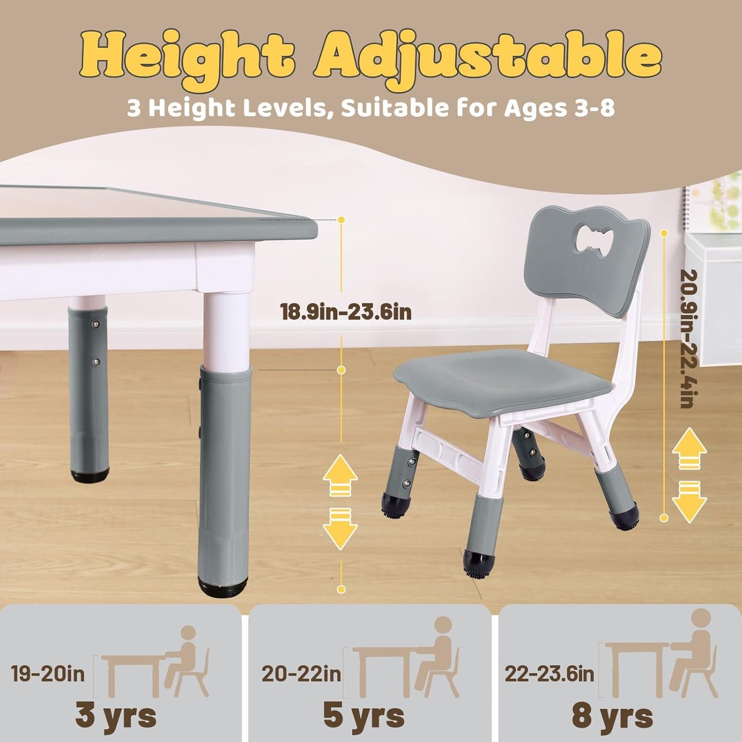 FUNLIO Kids Table and 4 Chairs Set for Ages 3-8, Height Adjustable Toddler Table and Chair Set, Easy to Wipe Arts & Crafts Table, for Classrooms/Daycares/Homes, CPC & CE Approved (5-Piece Set) - Gray
