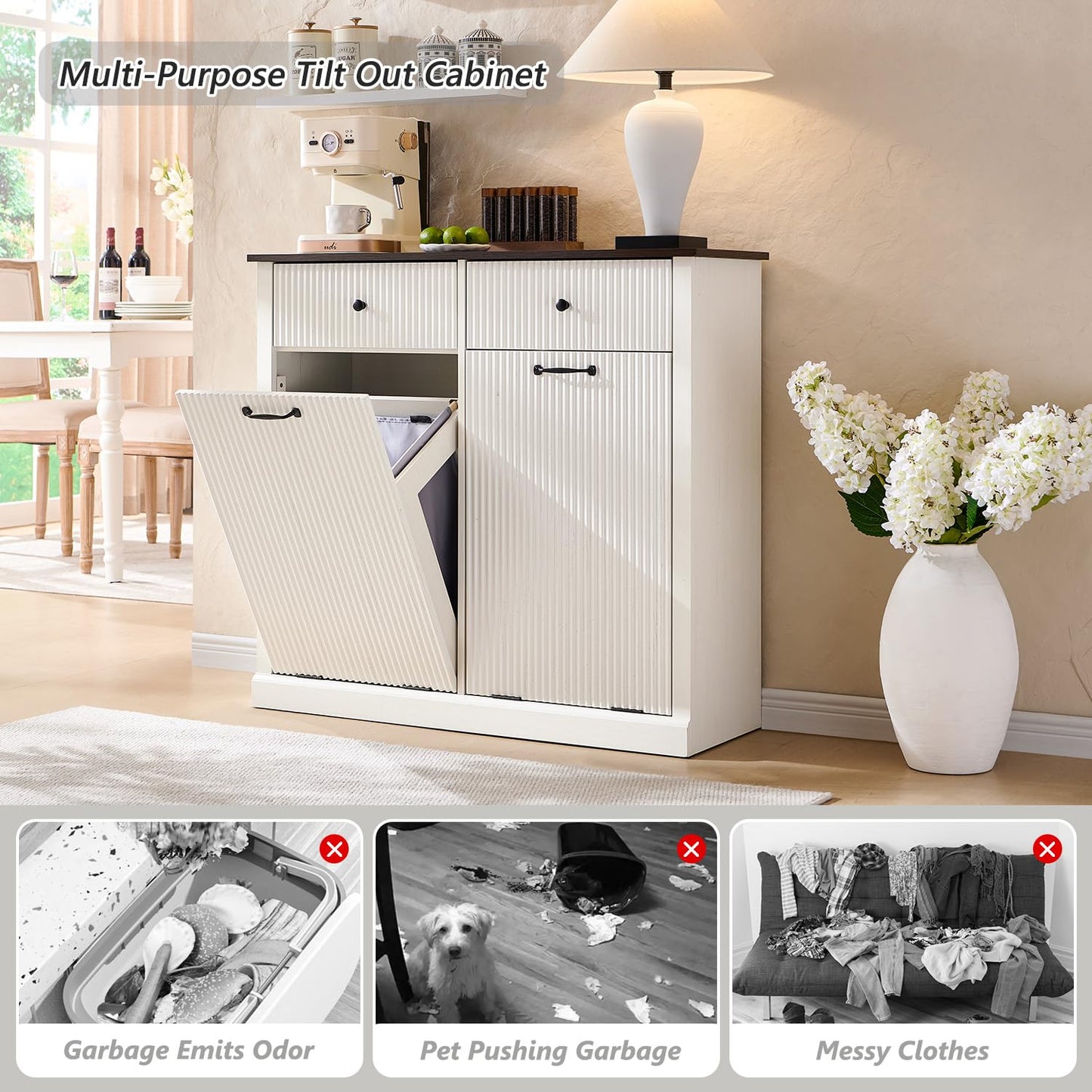 Modern Double Tilt-Out Trash Cabinet, 20 Gallon Fluted Laundry Hamper Cabinet w/2 Drawers, Wooden Hidden Garbage Can Cabinets with Storage Basket,Free Standing for Kitchen & Living Room, White