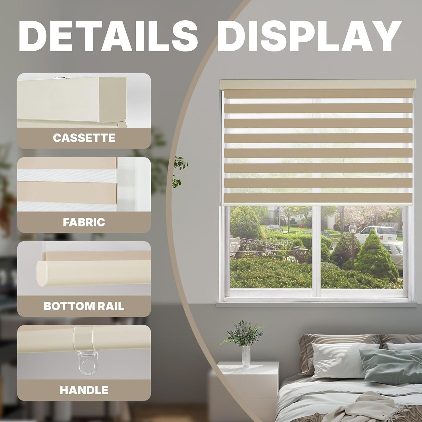 HESTIA Cordless Zebra Blinds Light Filtering Roller Shades UV Blocking Blackout Privacy Indoor Window Shades for Home Office Day and Night, Beige,44" W x 54" H