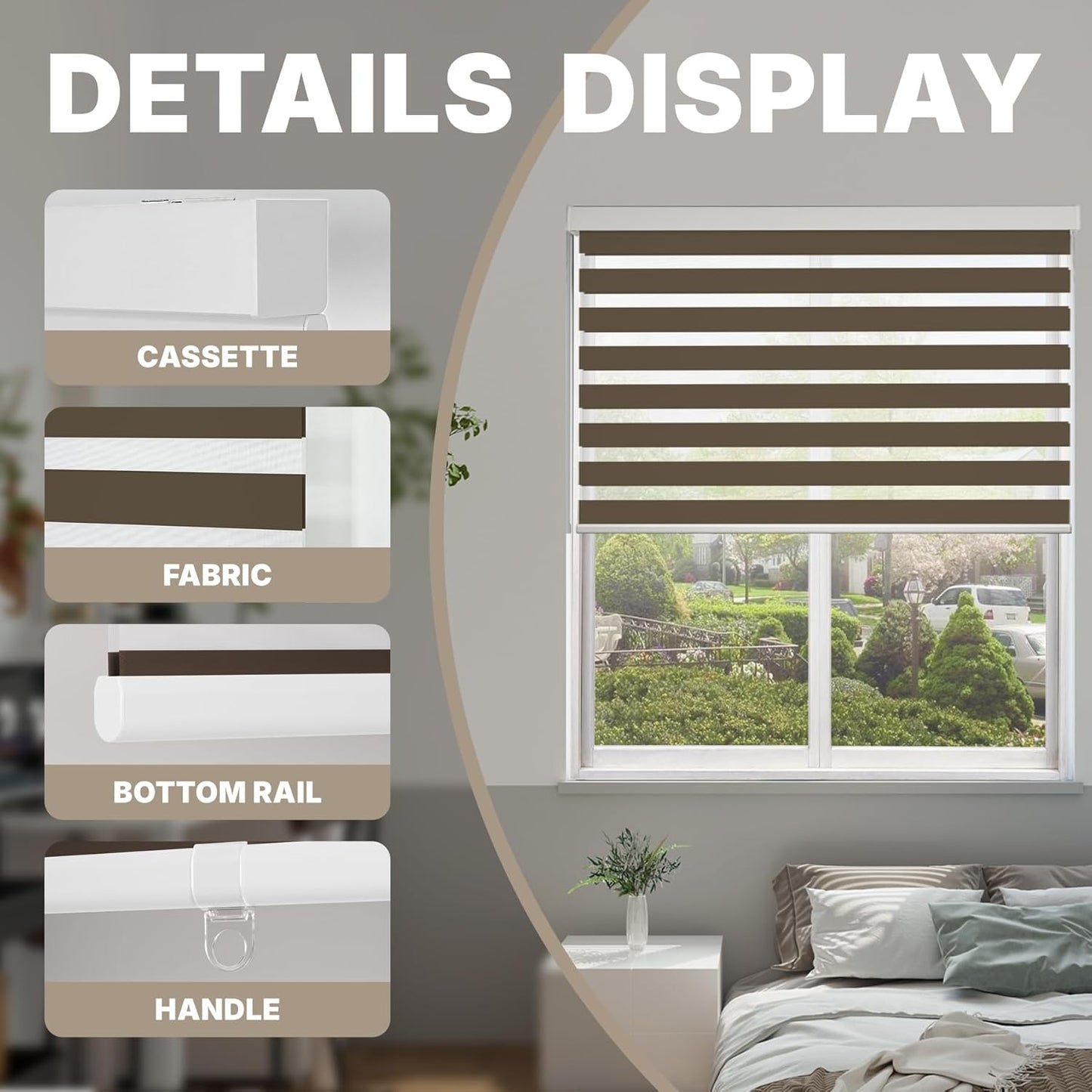 HESTIA Cordless Zebra Blinds Light Filtering Roller Shades UV Blocking Blackout Privacy Indoor Window Shades for Home Office Day and Night, Brown,45" W x 48" H