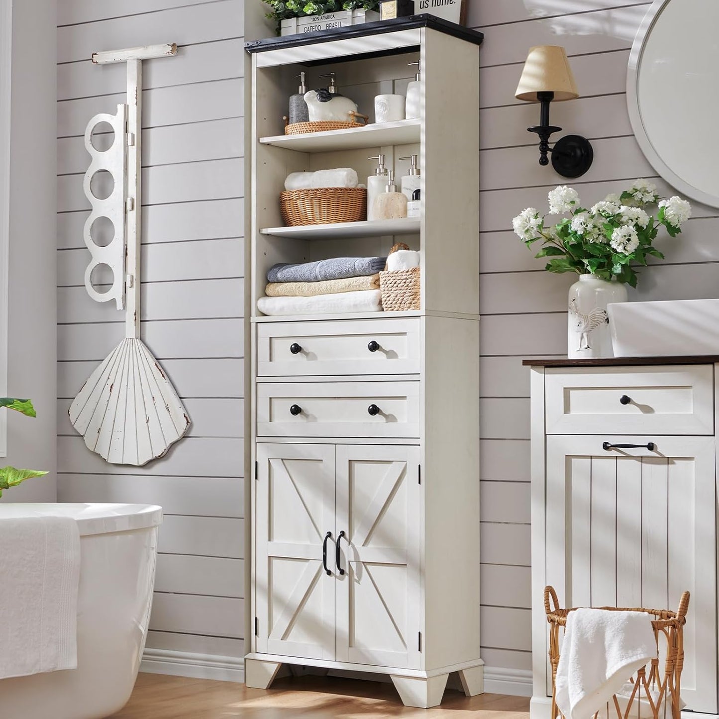 72" Tall Bathroom Storage Cabinet, Farmhouse Storage Cabinet with 2 Drawers, Adjustable Shelves & Barn Door, Cabinet for Bathroom, Living Room, Kitchen, Off White