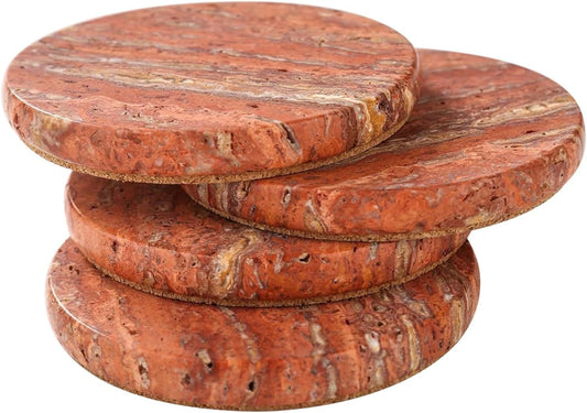 Real Natural Marble Coasters Set of 4, Modern Red Stone 4 Inch, Round Travertine Drink Coasters for Home Decor, Coffee Table, Office