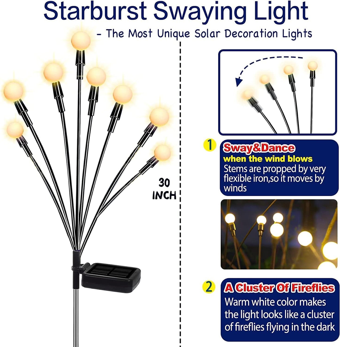 TONULAX Solar Garden Lights - Upgraded Solar Swaying Light, Sway by Wind, Outdoor Lights, Yard Patio Pathway Decoration, High Flexibility Iron Wire & Heavy Bulb Base, Warm White (4 Pack)