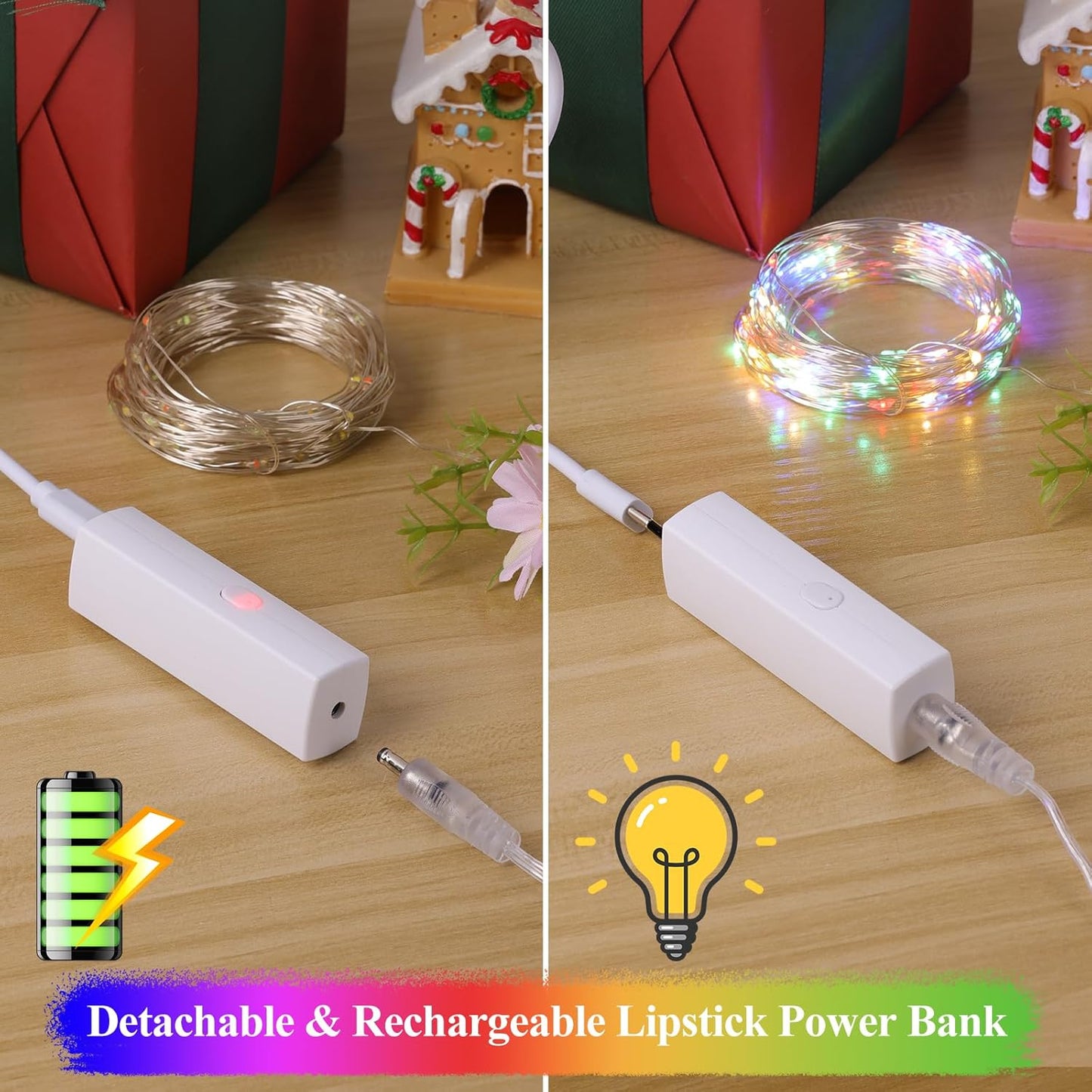 Lakumu 32FT(16*2) Fairy Lights Battery Operated String Lights, Rechargeable Twinkle Lights with Timer, Mini LED Lights for Bedroom, Christmas Decorations, Wedding, Centerpiece Table Decor Multicolor