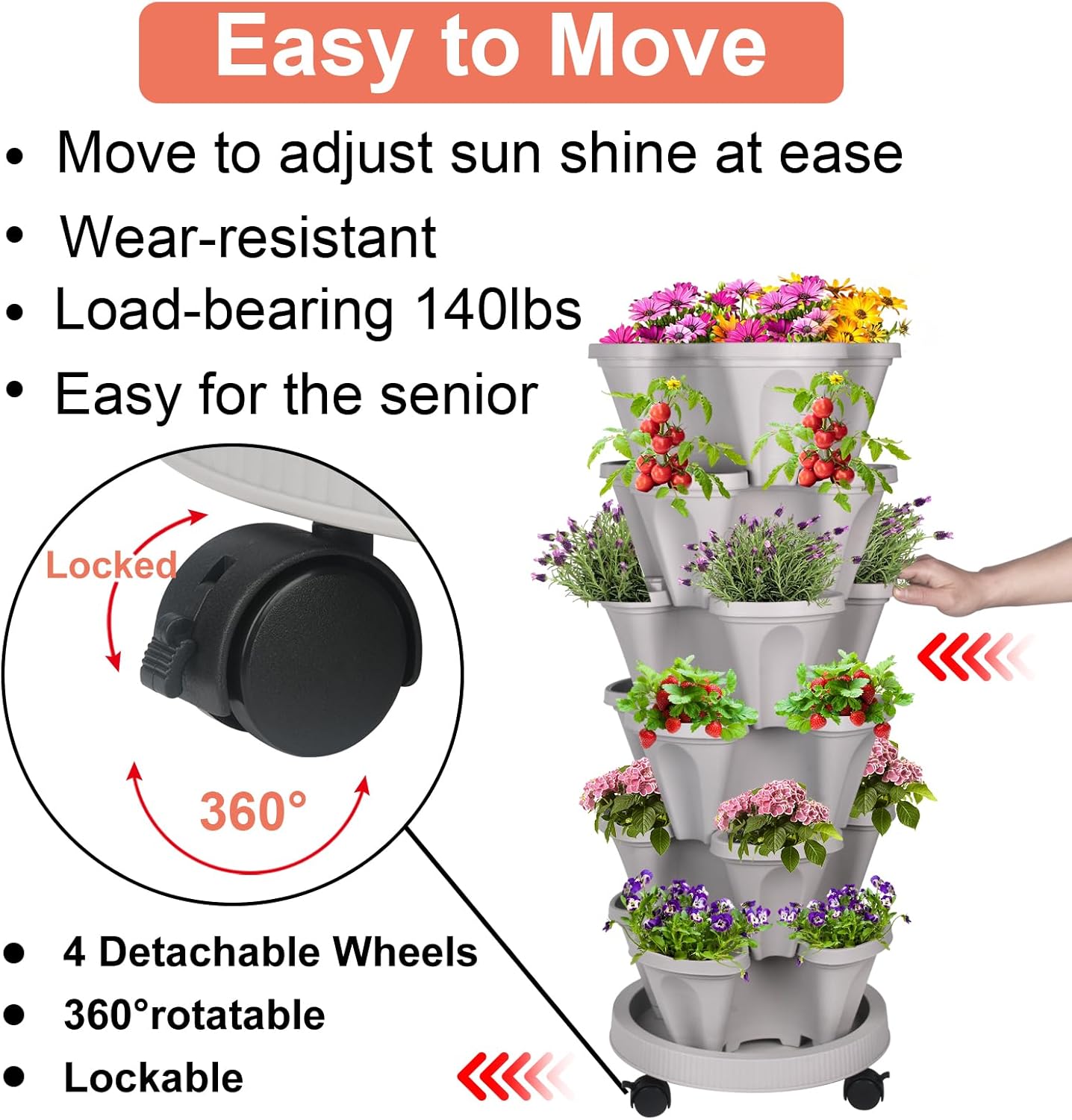 Vertical Planter 6 Tier Stackable Planters Garden Planters Strawberry Herb Flower and Vegetable Planter Indoor Outdoor Gardening Pots with Removable Wheels and Tools