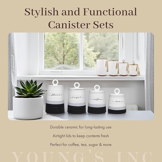 Young's Inc. 4 Pcs Set Modern-Cool Accent Ceramic Canisters- Storage Container for Kitchen and Bathroom - Beautiful Home Decor Accent to Store Food, Coffee, Tea, and More - White
