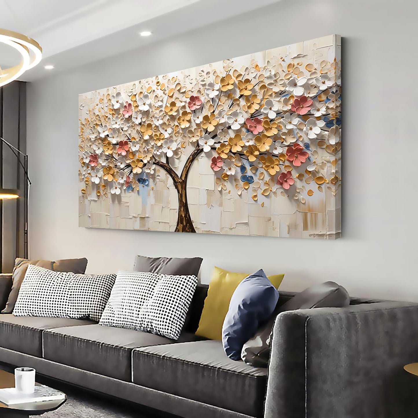 LASMOND Abstract Wall Art Teal Nature Tree of Life Canvas Painting Picture, Modern Large Panoramic Landscape Artwork Framed for Bedroom Living Room Bathroom Office Home Decor (30x60 Inches)