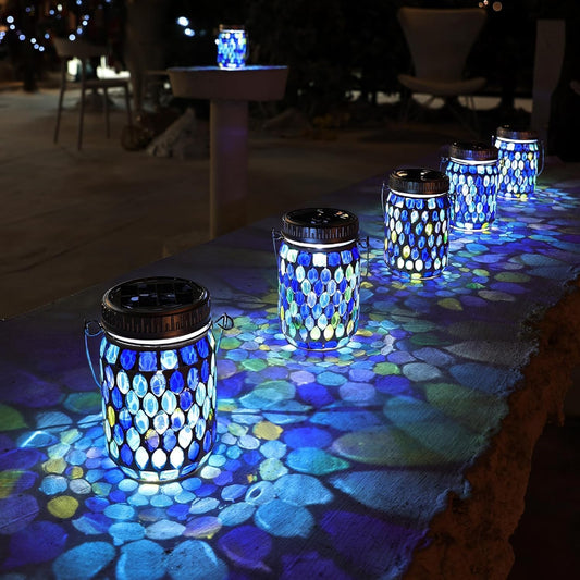 Cooo 4 Pack Mosaic Lanterns Outdoor Waterproof with 215% Larger Solar Panel, Never Rust Lids, True Capacity Battery- Solar Mason Mosaics Jar Lantern for Patio Garden Yard Balcony Hanging or Table