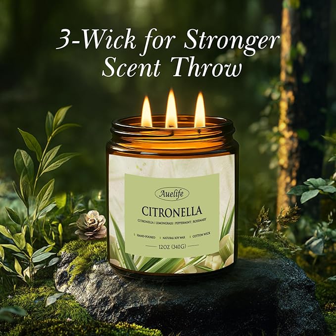 Auelife Citronella Candles Outdoor, 12oz Large 3-Wick Candle for Outside Patio Camping & Garden, Natural Soy Wax Citronella Candle for Summer Gift, Long Lasting for Indoor Home Scented, 50+ Hour Burn