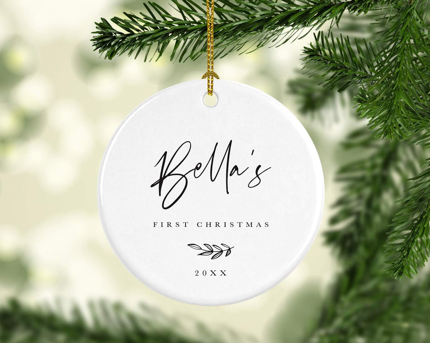 Andaz Press Personalized Baby 1st Christmas Round Ceramic Porcelain Christmas Tree Ornament Engagement Keepsake Collectible Gift, Olivia's First Christmas 2025, Antique Handdrawn, 1-Pack