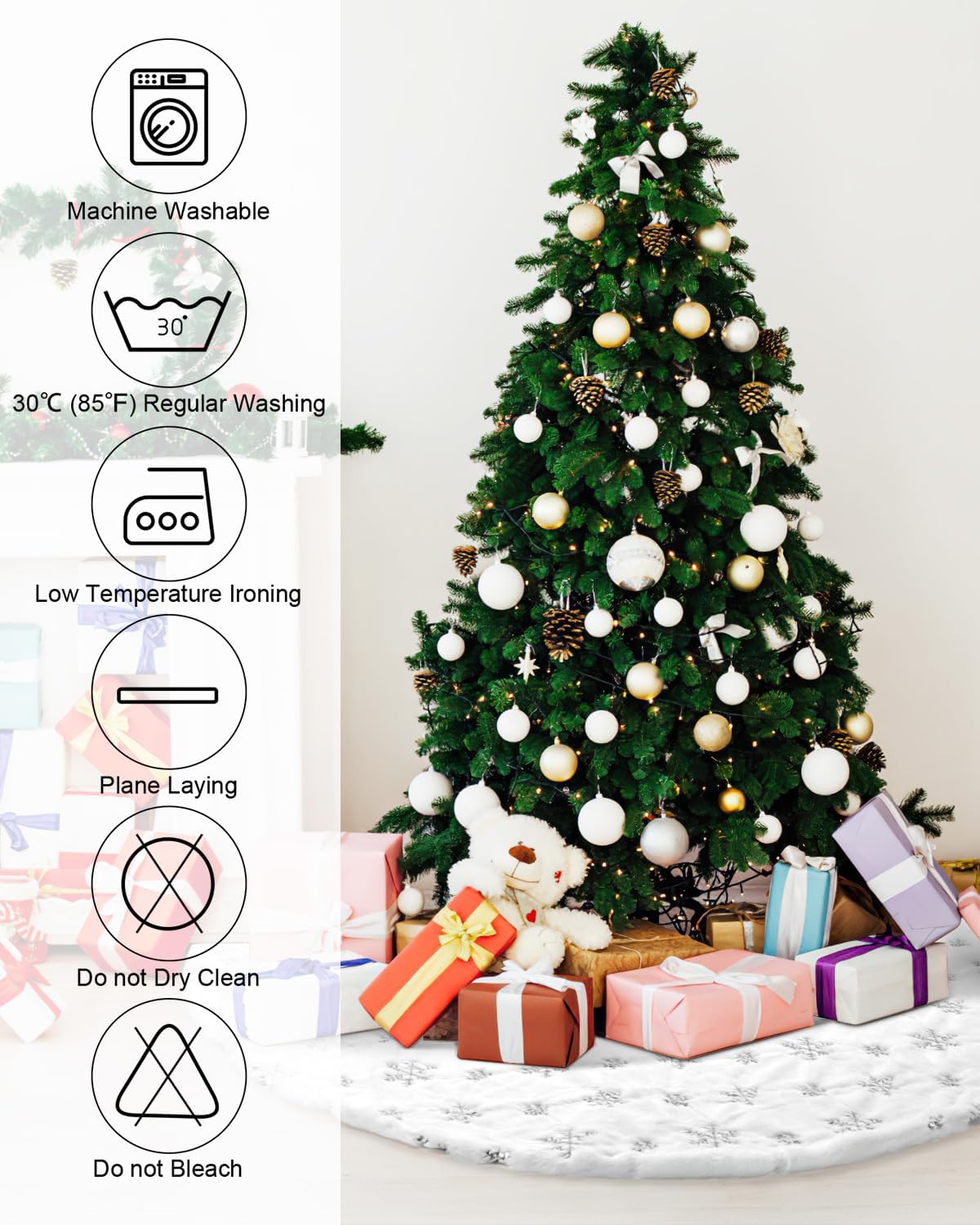 COOLWUFAN 48 Inches Christmas Tree Skirt for Xmas Tree Holiday Party Decorations White Plush Silver Sequin Snowflake (Silver)