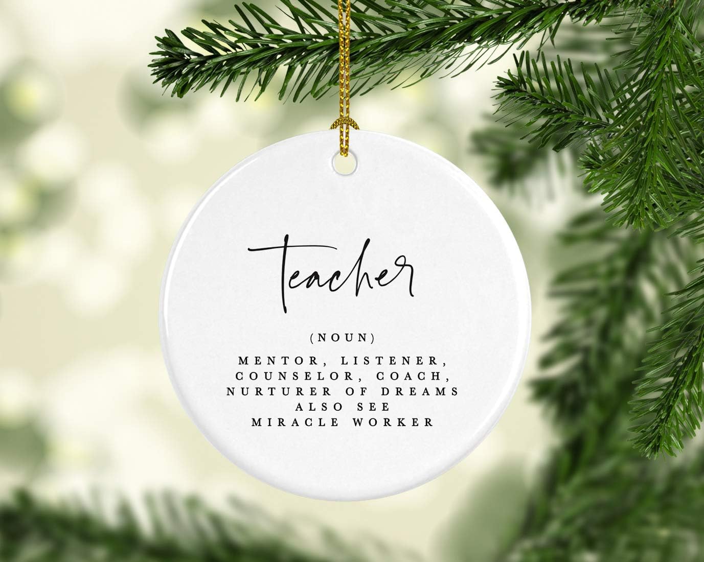 Andaz Press Round Ceramic Porcelain Christmas Tree Ornament for Teacher Thank You Gift, Teacher Definition, (Noun), Mentor, Listener, Counselor, Nurturer of Dreams, Also See Miracle Worker, 1-Pack