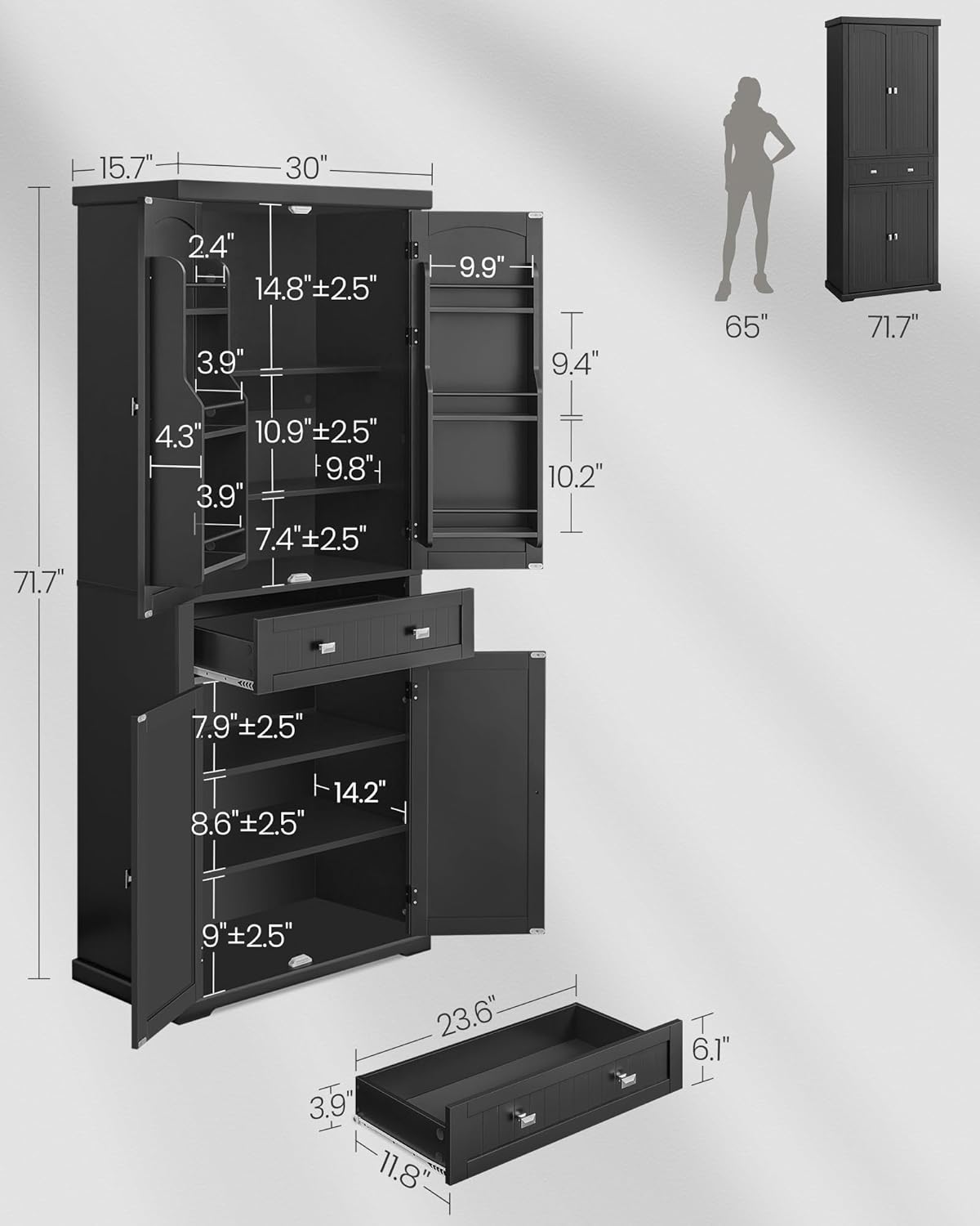 VASAGLE Pantry Cabinet, 71.7-Inch High Freestanding Tall Cupboard Storage Cabinet with a Drawer, 2 Cabinets, 4 Adjustable Shelves, 6 Door Shelves, for Living Room, Kitchen, Ink Black UBBC561B12