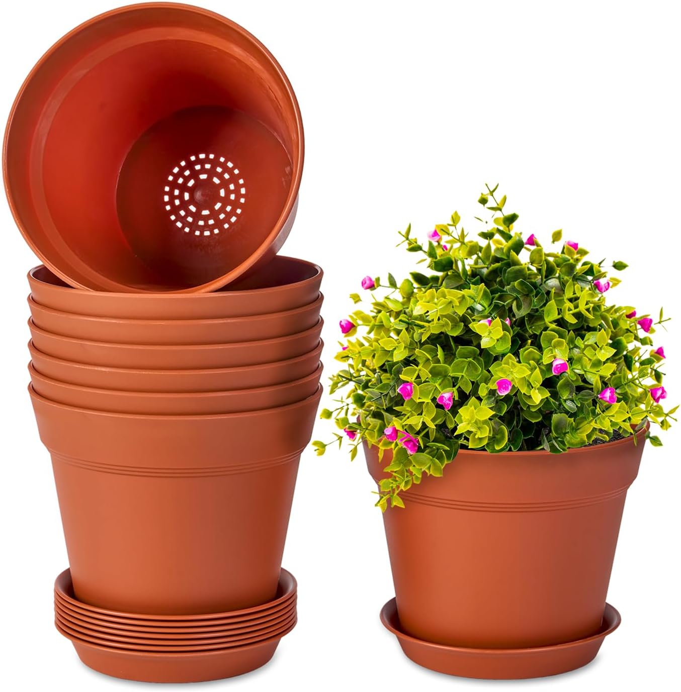 homenote Plant Pots,7.5 Inch Flower Pots for Plants Plastic Planters for Indoor with Multiple Drainage Holes and Trays, for All Home Garden Flowers Succulents,Outdoor(Terra Cotta,8 Pack)