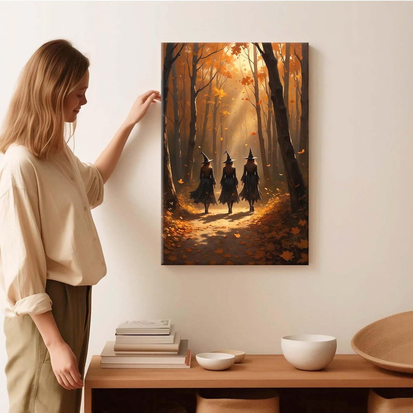 Three witches walking in the forest in autumn canvas painting gothic poster halloween print country witch wall art for home decoration20x30in Wood Framed