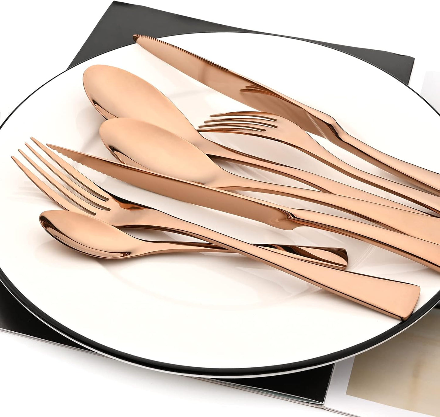 24-Piece Copper Flatware, Mirror 18/10 Stainless Steel Modern & Luxury Dinnerware Set With Serrated Steak Knife Teaspoon For Daily Use or Dinner Party Restaurant - Service For 4