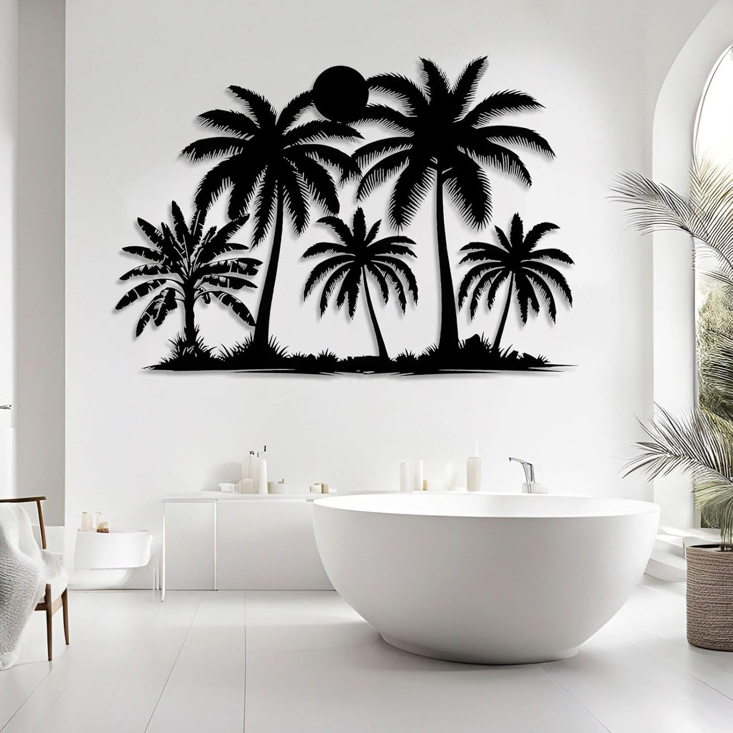 Tuglona Metal Palm Tree with Sunset Wall Decor, Tropical Palm Tree Metal Wall Art, Tropical Wall Decor, Sun Wall Art, Beach Wall Decoration, Coastal Trees Wall Hanging (Silver, 53"x37"/135x93cm)