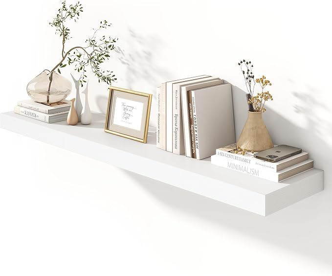 White Floating Shelves for Wall - 55 Inch Wide x 12 Inch Deep Wall Shelves Set of 1 - Rustic White Wood Shelves for Living Room, Bathroom, Laundry Room, Bedroom, Kitchen, Home Office
