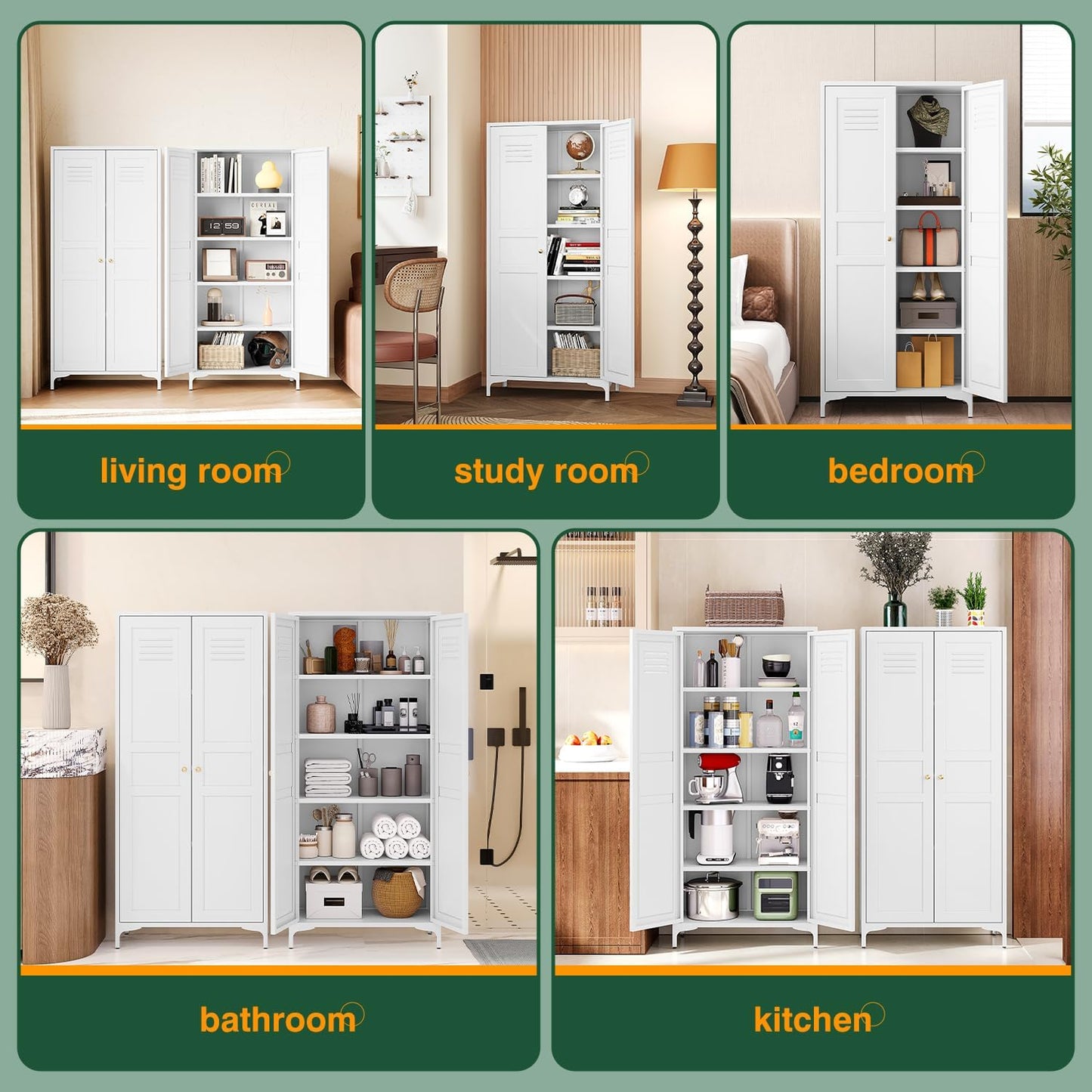 Letaya White Storage Cabinet with Feets-Metal Home Kitchen Pantry Cabinets with Doors and Adjustable Shelves,Organization Locker for Cupboard/Bedroom/Dining/Living/Bathroom/Office/Garage Room (White)