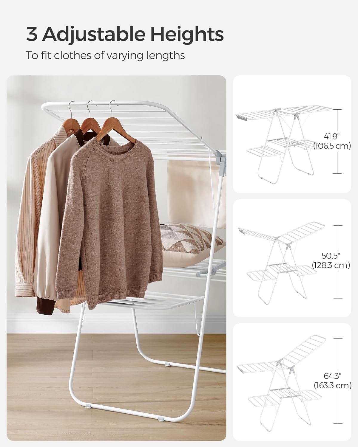 SONGMICS Clothes Drying Rack, Foldable 2-Level Laundry Drying Rack, Free-Standing Laundry Airer, with Height-Adjustable Wings, 33 Drying Rails, Sock Clips, White and Gray ULLR053G01V1