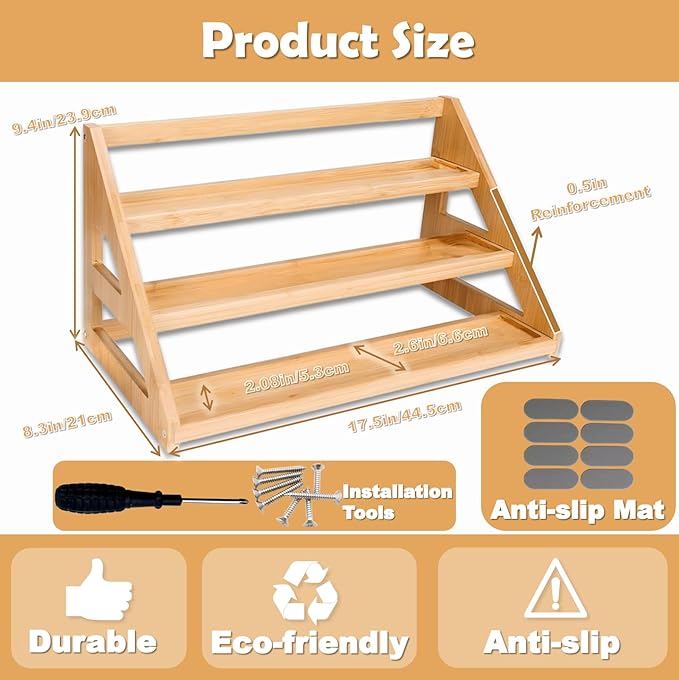 Spice Rack Organizer for Spice Jars: Large Bamboo 3-Tiered Seasoning Rack for Countertop, Kitchen, Cabinet, Pantry