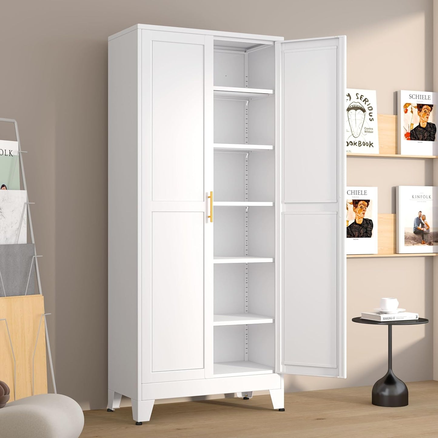 Metal Pantry Cabinet with 2 Doors and 5 Adjustable Shelves, 75" Kitchen Storage cabinets with Gold Handles, Versatile Storage for Laundry Room, Living Room, Bathroom, Dinning Room, Utility Room-White