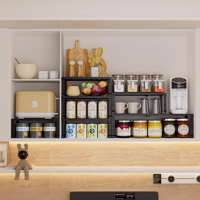 Expandable Spice Rack,Stackable Storage for Cabinet, Multi-Functional Kitchen Shelving,Height-Adjustable,Sustainable Organizer Solution(2Packs/Black/Large)