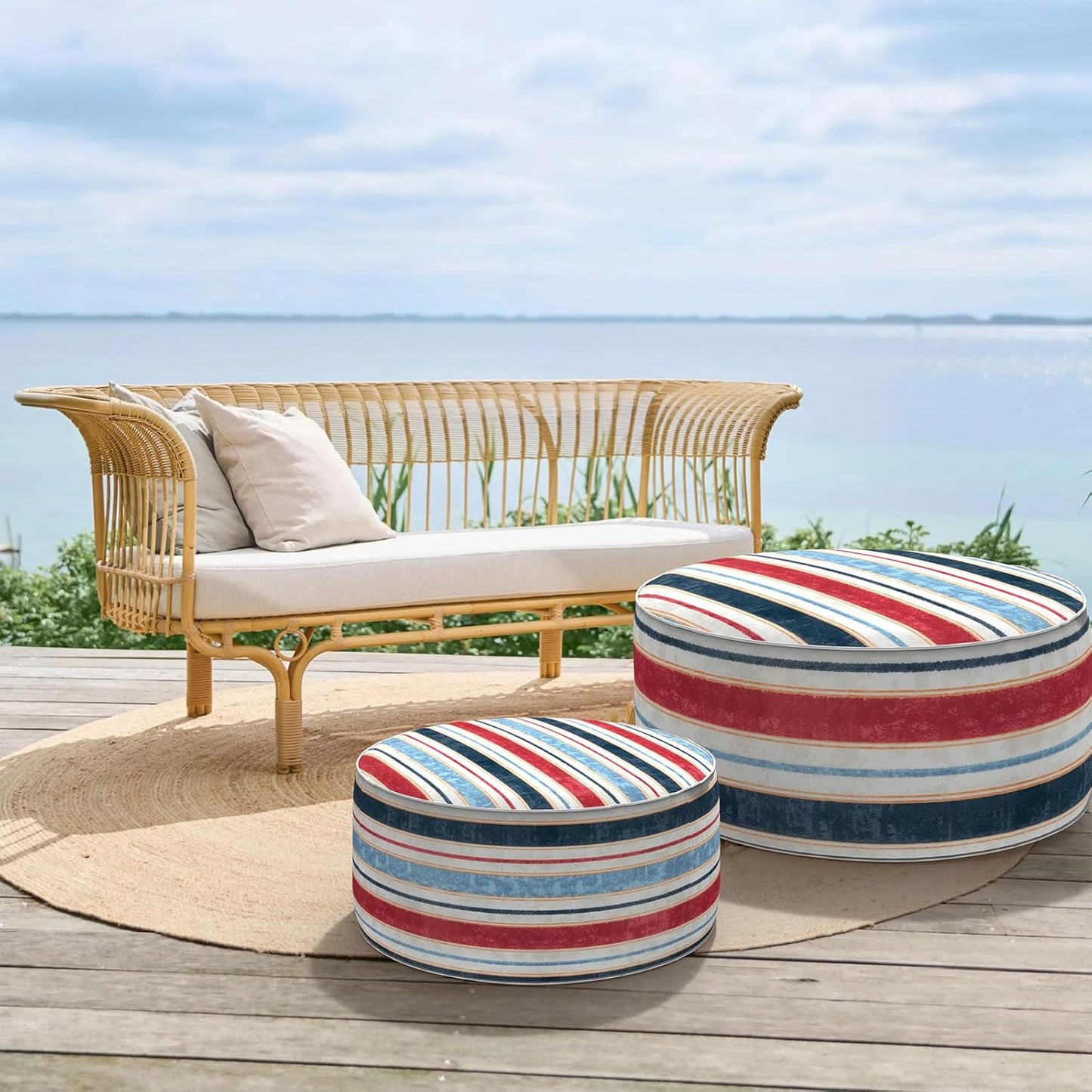 Inflatable Ottoman Stool D31 xH14 for Outdoor/Indoor Use, Water Repellent Patio Foot Rest Stool with Portable Handle,Round Pouf Ottoman Suitable for Garden,Deck and Camping - Stripe Red Blue