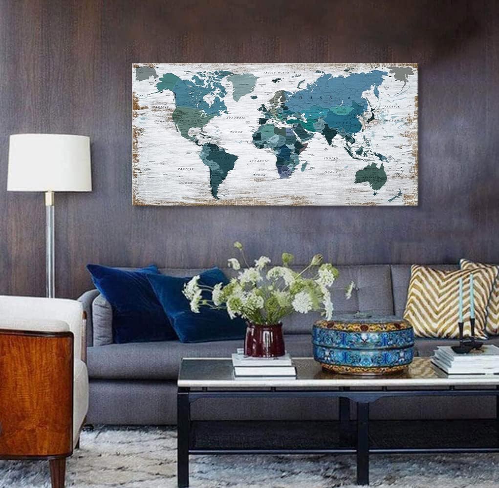 Teal Decor World Map Canvas Wall Art Pictures for Living Room Wall Decoration Blue Wall Decor Office World Map Wall Art Picture Framed Artwork for Home Bedroom Decoration 29"x58"