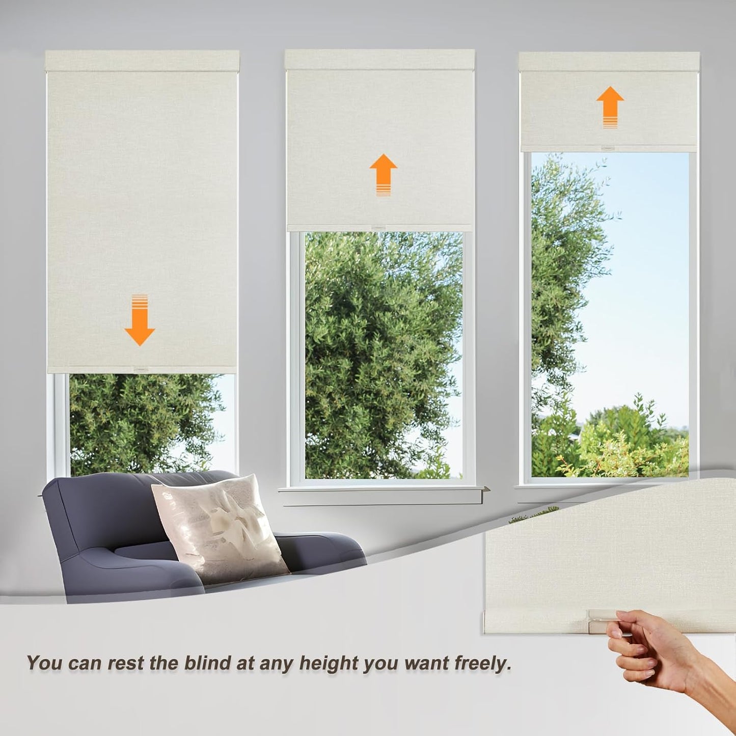 Persilux Blackout Shades for Windows Cordless Roller Blinds, Roller Windows Shades for Home with Fabric Attached Valance, UV Protections Easy Installation for Door/Office, Limestone(27.5" W x 64" H)