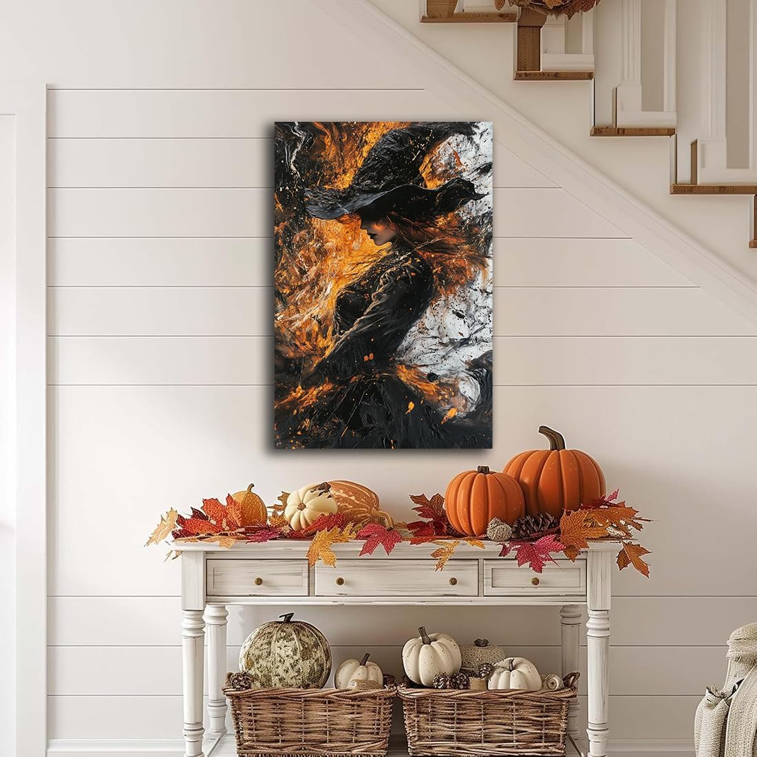 Witch Canvas Poster Print, Dark Academic Picture Wall Decor, Modern Fashion Aesthetic Abstract Witchcraft Halloween Wall Art For Bedroom Living Room Hallway Decoration,16"x24" Framed