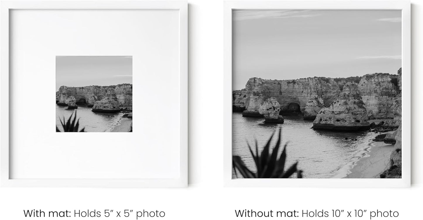 HAUS AND HUES 10x10 White Metal Picture Frames Matted to 5x5 - Features Premium Aluminum & Hanging Hardware, Shatterproof Plexiglass - Ideal for Home, Room, Office (10x10 in, White, Set of 3)