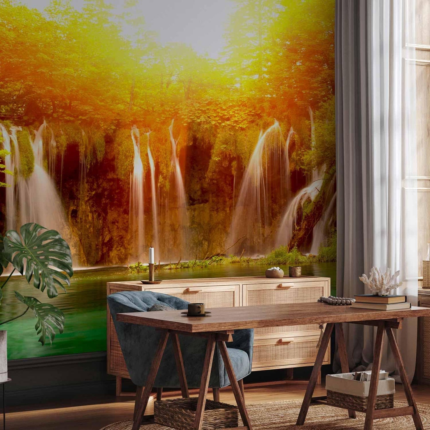 artgeist Premium Wall Mural Waterfall 216x98 in - Non-Woven Photo Wallpaper Art Print Fleece Wall Mural Decoration Poster Picture Design Nature Lake Sun Forest Landscape c-B-0475-a-a