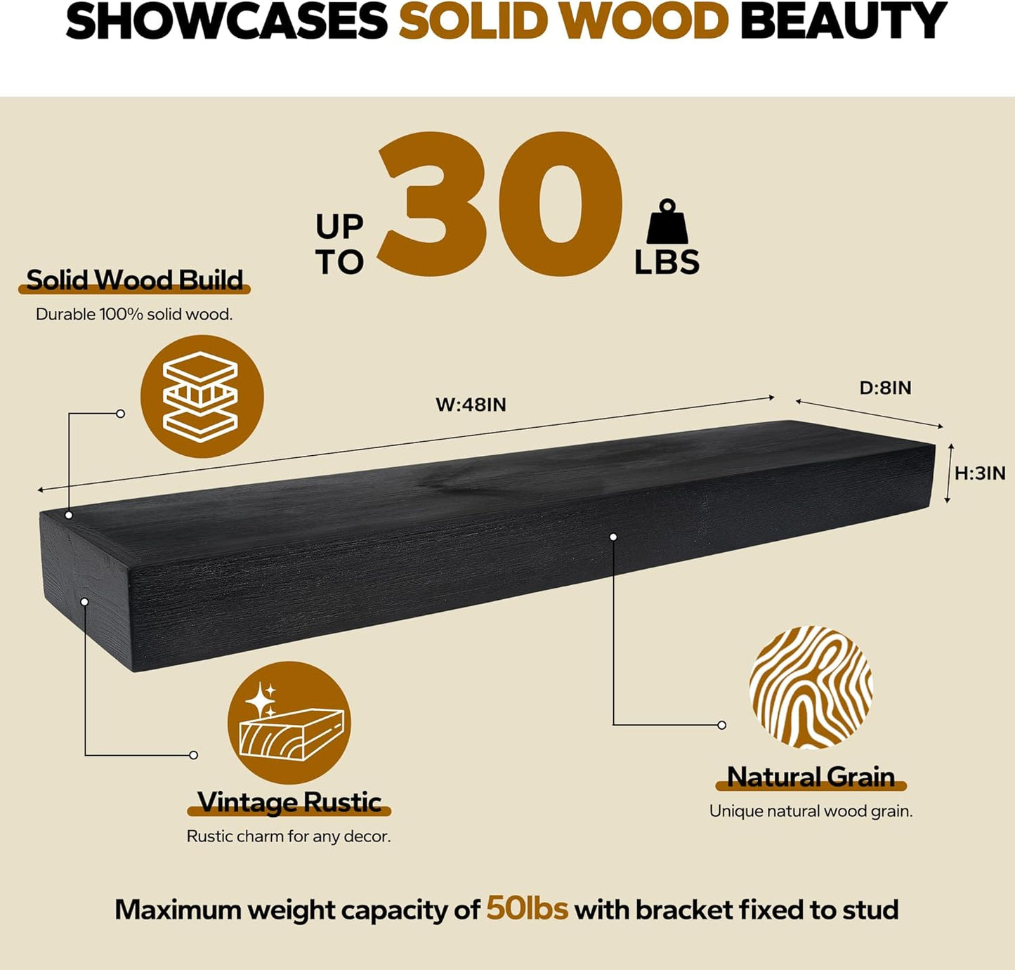 Floating Shelves 3 inch Thick for Wall Set of 2,Solid Pine Wood Wall Mount Shelf for Kitchen Living Room Bedroom Bathroom,8" D x 48" L x 3" H-Black