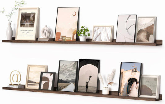 Heimlove Picture Ledge Shelf, Floating Shelves Set of 2, 72 Inches Long Large Picture Shelf for Wall with Ledge, Kids Bookshelf Wall Mounted for Living Room Bedroom Decor Books Photo Frames, Walnut